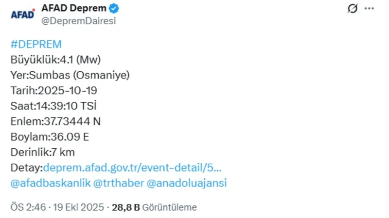 Osmaniye’de 4.1 büyüklüğünde deprem: Sarsıntı çevre illerde paniğe neden oldu 