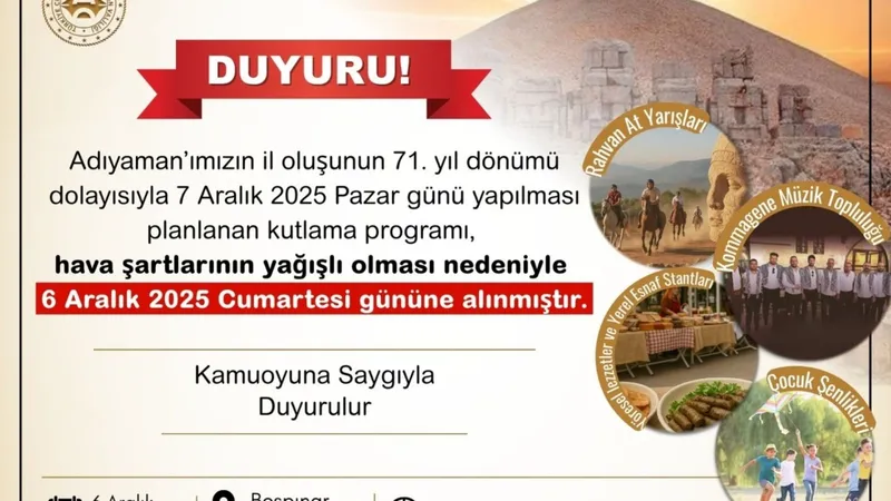 Adıyaman’ın il oluş yıldönümü etkinliği 6 Aralık’a alındı  