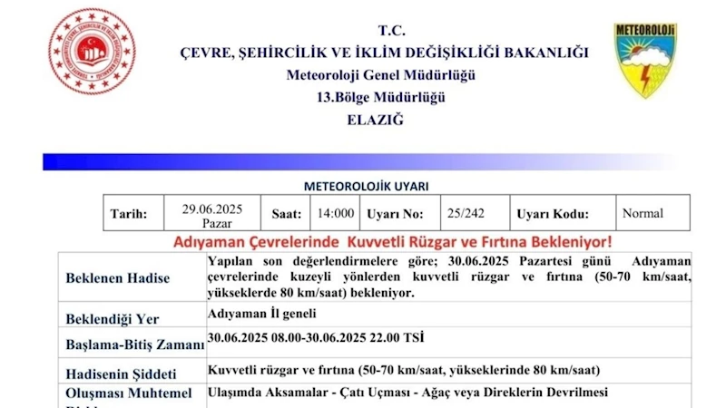 Adıyaman çevresinde kuvvetli rüzgar ve fırtına uyarısı 