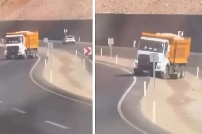 Hafriyat kamyonunun tehlikeli manevrası kameralara yansıdı 