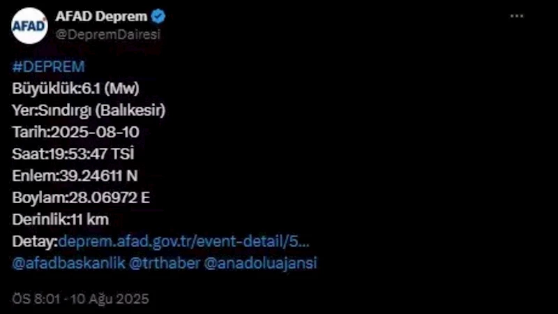 Balıkesir Sındırgı’da 6,1 büyüklüğünde deprem: Yetkililerden ilk açıklamalar 