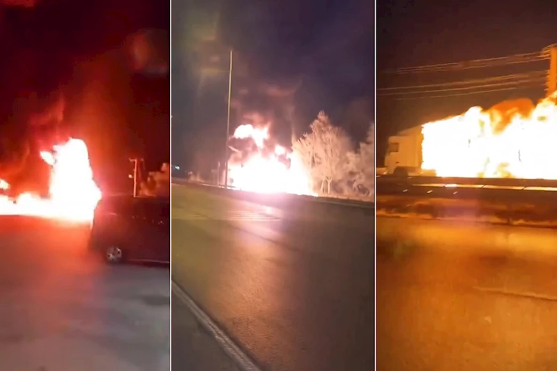 Dorsesinde yangın çıkan tiner yüklü tır alevlerle 8 kilometre ilerledi