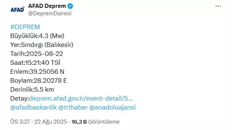 Balıkesir Sındırgı 4.3 büyüklüğünde depremle sallandı 