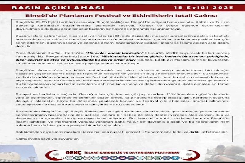 Bingöl İslami Kardeşlik Platformu’ndan festival ve konserlerin iptali çağrısı